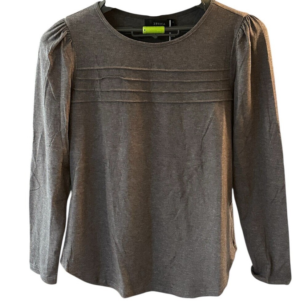 ZESICA Blouse Womens Size S Gray Long Sleeve Pleated Front Puff Shoulders